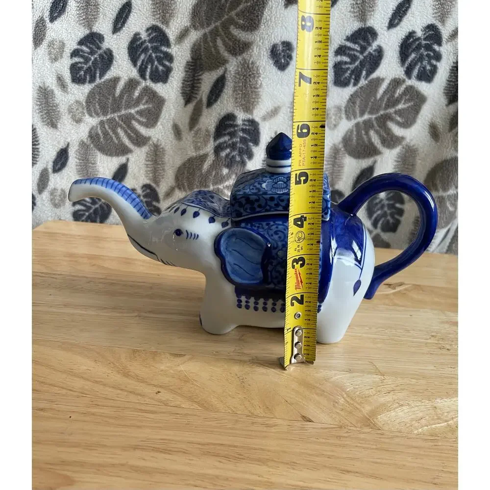 Vintage Signed Blue/White Elephant Teapot Made in Thailand Original Rare
